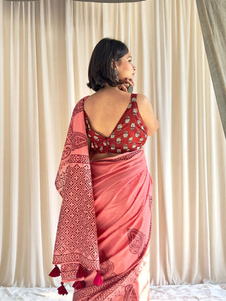 Adaah Hand Block Printed Pink Mulmul Saree