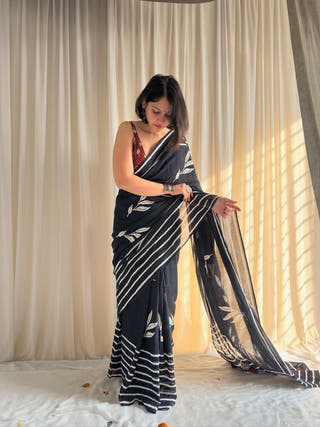 Parna Black Hand Block Printed Mulmul Cotton Saree