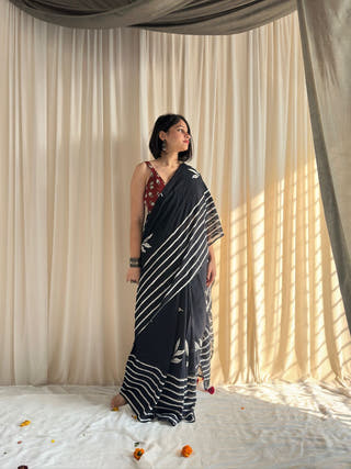 Parna Black Hand Block Printed Mulmul Cotton Saree