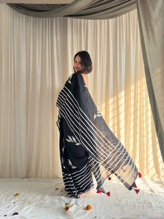 Parna Black Hand Block Printed Mulmul Cotton Saree