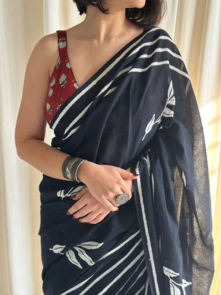 Parna Black Hand Block Printed Mulmul Cotton Saree