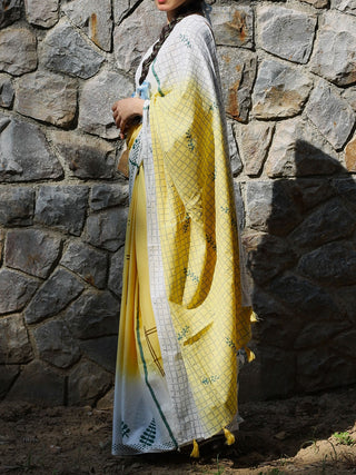 Block Printed Mulmul Saree Yellow KASIA