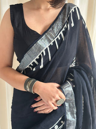 Geet Black Hand Block Printed Linen Cotton Saree
