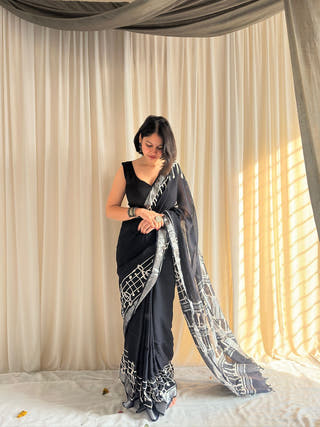 Geet Black Hand Block Printed Linen Cotton Saree