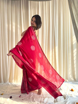 Naina Red Hand Block Printed Mulmul Cotton Saree