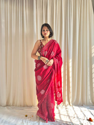 Naina Red Hand Block Printed Mulmul Cotton Saree
