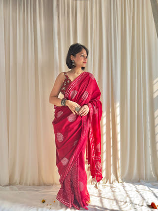 Naina Red Hand Block Printed Mulmul Cotton Saree