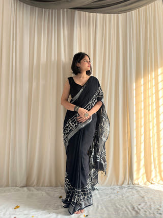Geet Black Hand Block Printed Linen Cotton Saree