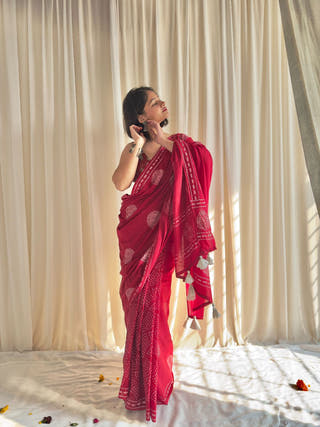 Naina Red Hand Block Printed Mulmul Cotton Saree