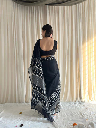 Geet Black Hand Block Printed Linen Cotton Saree