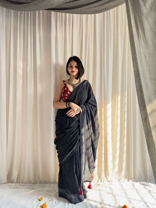 Tara Black & Grey Dotted Hand Block Printed Mulmul Cotton Saree