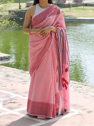 Block Printed Mulmul Saree Pink KASIA