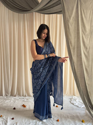 Jodha Blue Half & Half Hand Block Printed Mulmul Cotton Saree