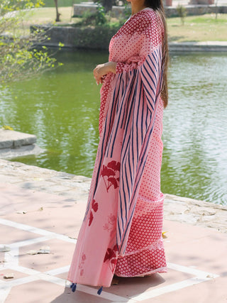 Block Printed Mulmul Saree Pink KASIA