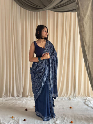 Jodha Blue Half & Half Hand Block Printed Mulmul Cotton Saree