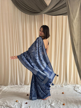 Jodha Blue Half & Half Hand Block Printed Mulmul Cotton Saree