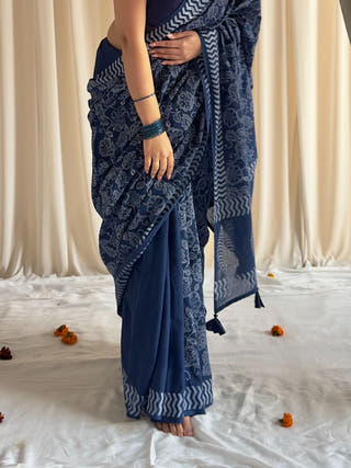 Jodha Blue Half & Half Hand Block Printed Mulmul Cotton Saree