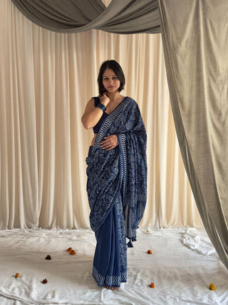Jodha Blue Half & Half Hand Block Printed Mulmul Cotton Saree