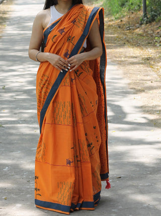 Block Printed Mulmul Saree Orange KASIA