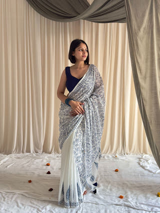 Meghna  Blue & White Half-Half Hand Block Printed Mulmul Cotton Saree
