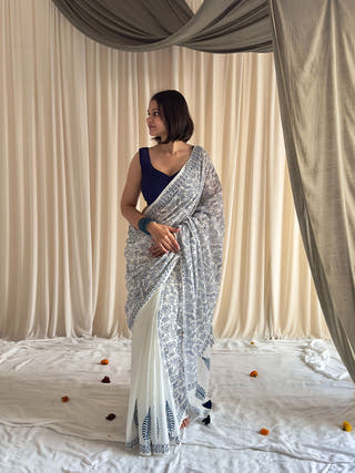 Meghna  Blue & White Half-Half Hand Block Printed Mulmul Cotton Saree