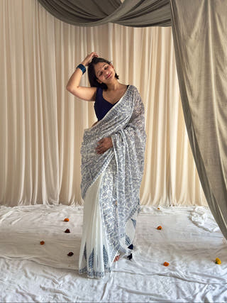 Meghna  Blue & White Half-Half Hand Block Printed Mulmul Cotton Saree
