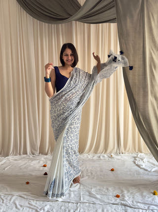 Meghna  Blue & White Half-Half Hand Block Printed Mulmul Cotton Saree