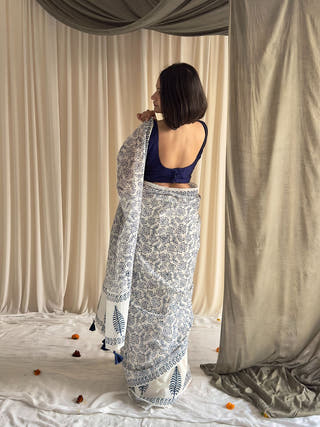 Meghna  Blue & White Half-Half Hand Block Printed Mulmul Cotton Saree