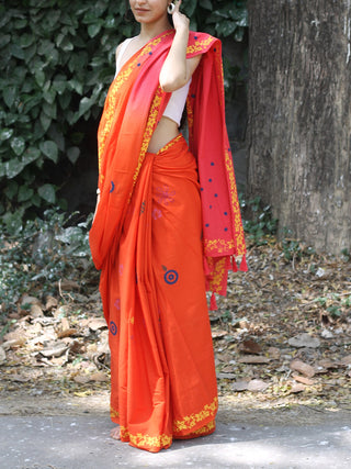 Block Printed Mulmul Saree Summer Orange KASIA