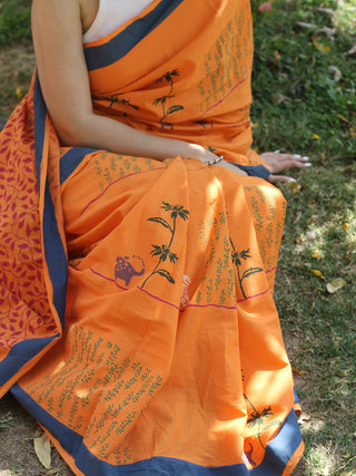 Block Printed Mulmul Saree Orange KASIA