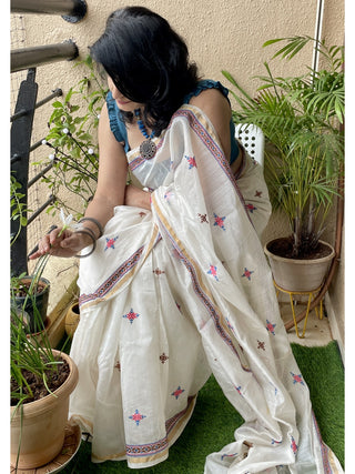 White Chanderi Soof Embroidery Saree ForSarees