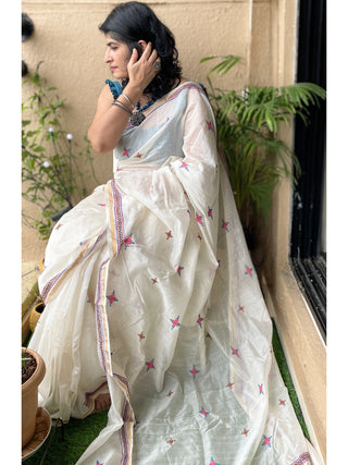 White Chanderi Soof Embroidery Saree ForSarees