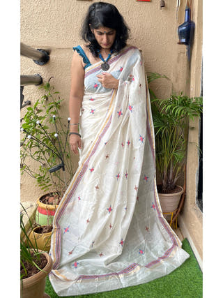 White Chanderi Soof Embroidery Saree ForSarees
