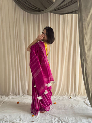 Varkala Rani Pink Hand Block Printed Mulmul Cotton Saree