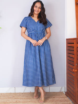Ira Fit-and-Flare Blue Checkered Dress Sivaka India Blue