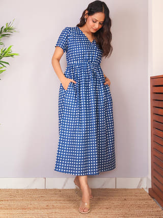Ira Fit-and-Flare Blue Checkered Dress Sivaka India Blue