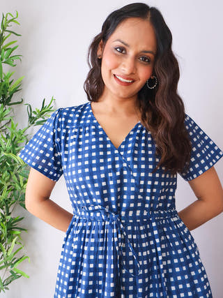 Ira Fit-and-Flare Blue Checkered Dress Sivaka India Blue