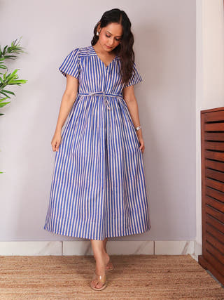 Rhea Striped Fit-and-Flare Cotton Dress Sivaka India White