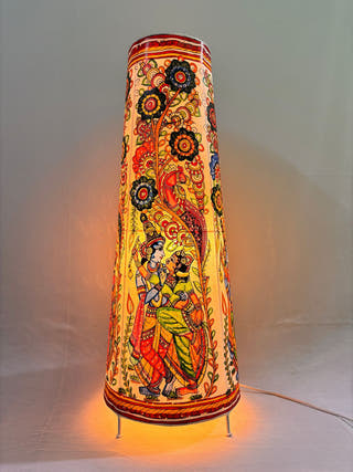 Hand Painted Radha Krishna Leather Floor Lamp - Multicolor