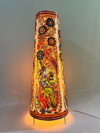Hand Painted Radha Krishna Leather Floor Lamp - Multicolor