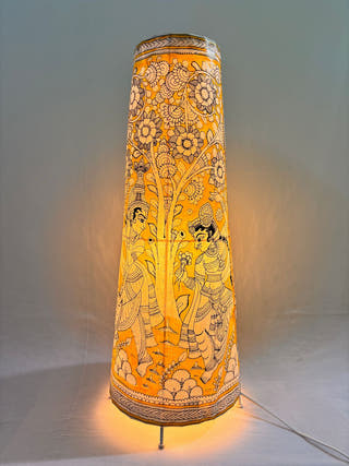 Hand Painted Radha Krishna Leather Floor Lamp - Yellow