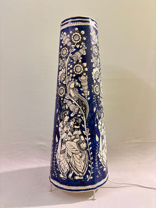 Hand Painted Radha Krishna Leather Floor Lamp - Blue
