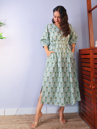 Aanya Fit-and-Flare Cotton Dress Sivaka India Green