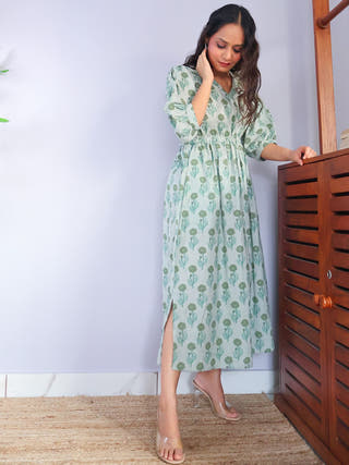 Aanya Fit-and-Flare Cotton Dress Sivaka India Green