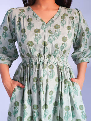 Aanya Fit-and-Flare Cotton Dress Sivaka India Green