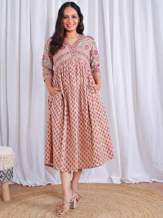 Roohi Flared Cotton Dress Sivaka India Brown