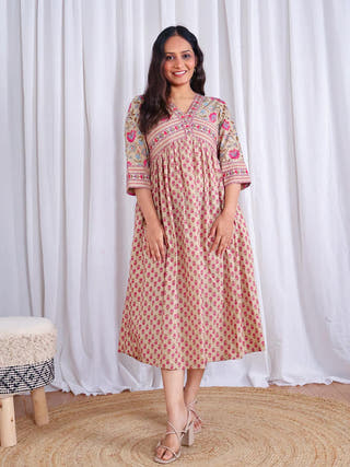 Roohi Flared Cotton Dress Sivaka India Brown