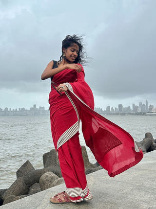 Fiery Rani Red Patchwork Cotton Saree