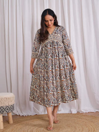 Fiza Flared Cotton Dress Sivaka India Cream
