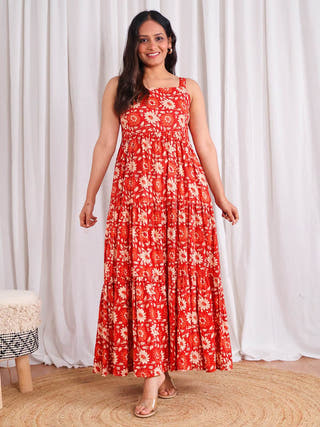 Maple Cotton Tiered Dress Sivaka India Orange